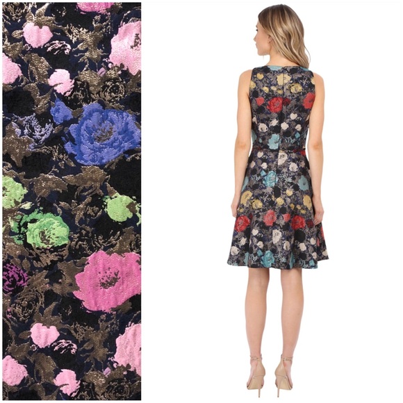Tahari Jacquard Floral Metallic Fit + Flare Dress - Picture 2 of 11